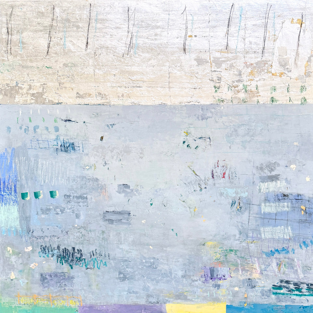 Abstract painting with a pale wintry upper section and textured multicolored marks below.