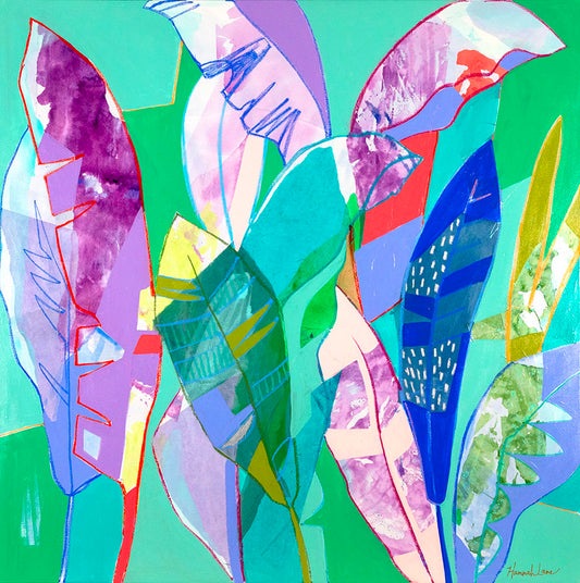 Abstract painting of colorful leaves on a bright green background.