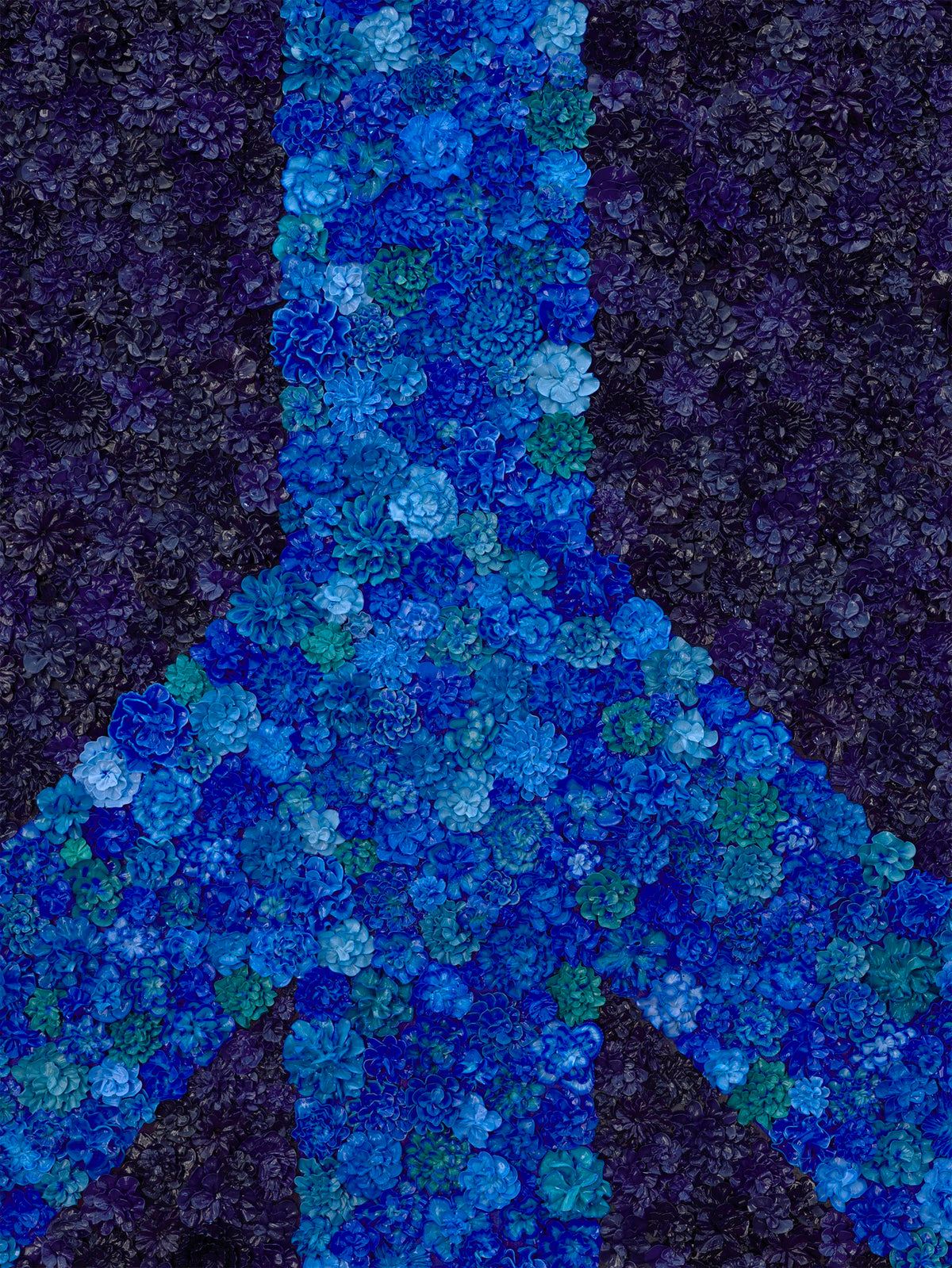 Blue peace symbol of 3,859 handmade paint-formed flowers on a dark background, black frame. (view 2)