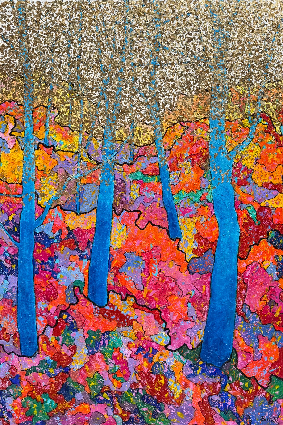 Vibrant painting of blue tree trunks against a colorful mosaic-like autumn forest.
