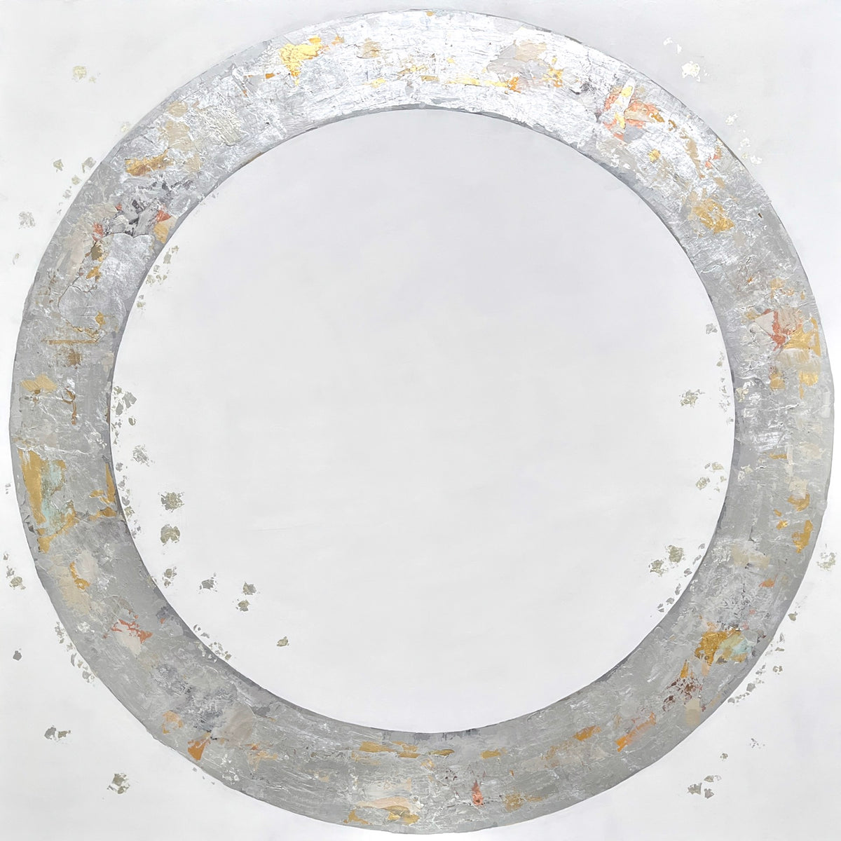 An abstract painting with a large metallic circle on a white background, featuring textured patches of silver, gold, and copper within the circle.
