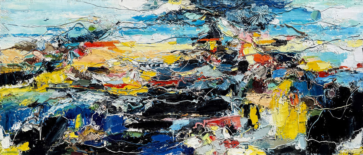 Abstract painting with a mix of bold colors like blue, yellow, and black, featuring thick, textured brushstrokes and dynamic, chaotic patterns.