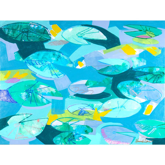 Abstract painting with overlapping circular shapes in blue, green, and turquoise hues, accented by yellow and pink.