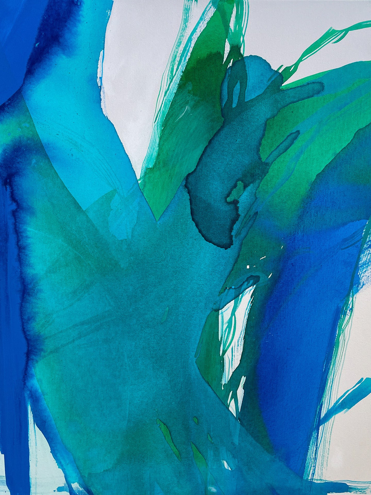 Abstract painting with bold blue, green, and teal watercolor washes blending and overlapping on a white background.