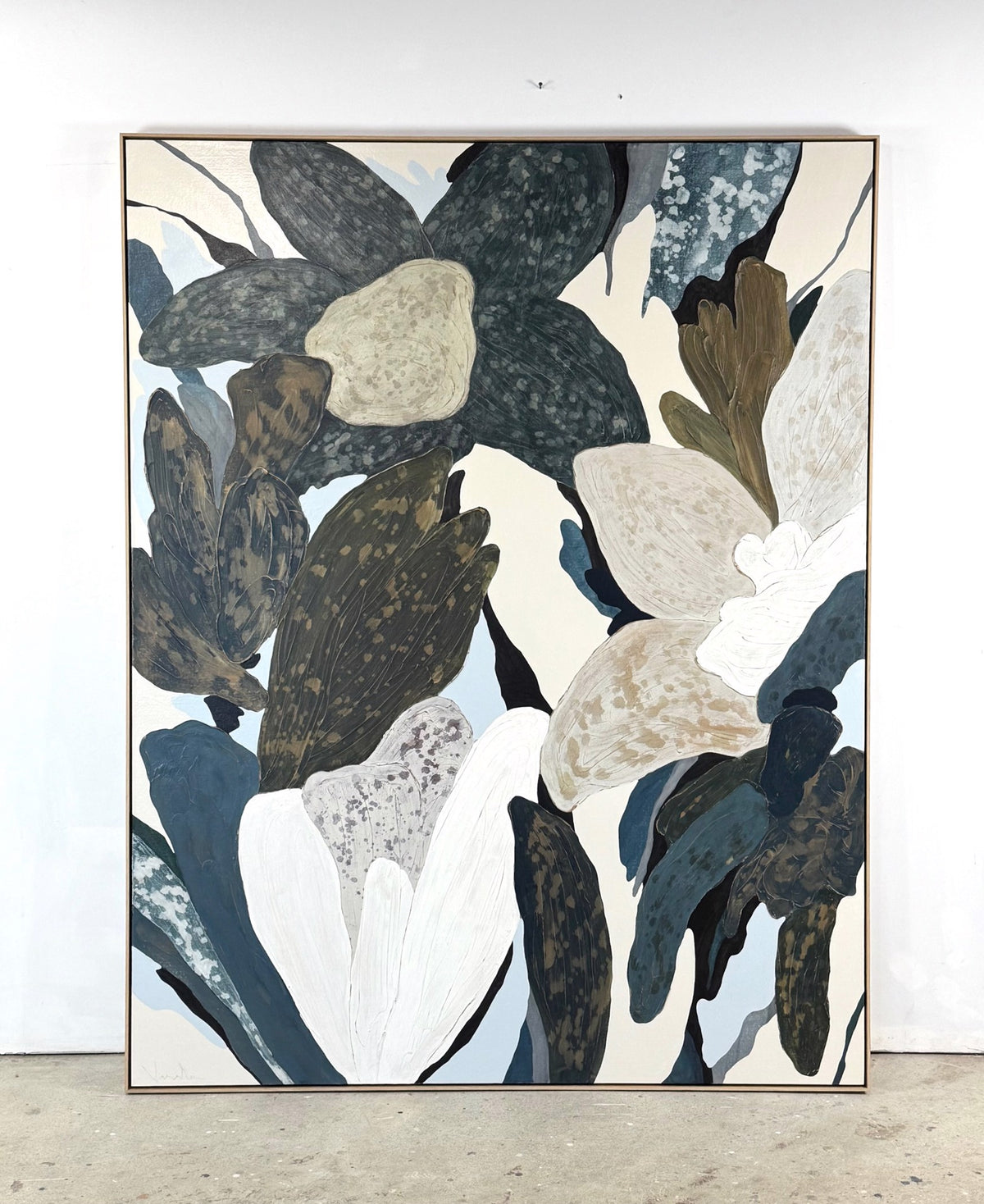Framed abstract painting of large overlapping floral shapes in muted blue, green, and brown.
