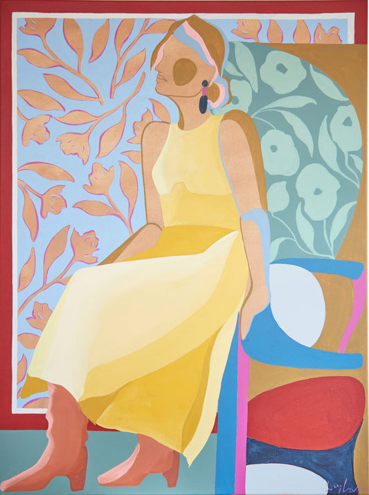 A stylized painting of a person in a yellow dress and red boots sitting on an abstract chair with floral patterned backgrounds.