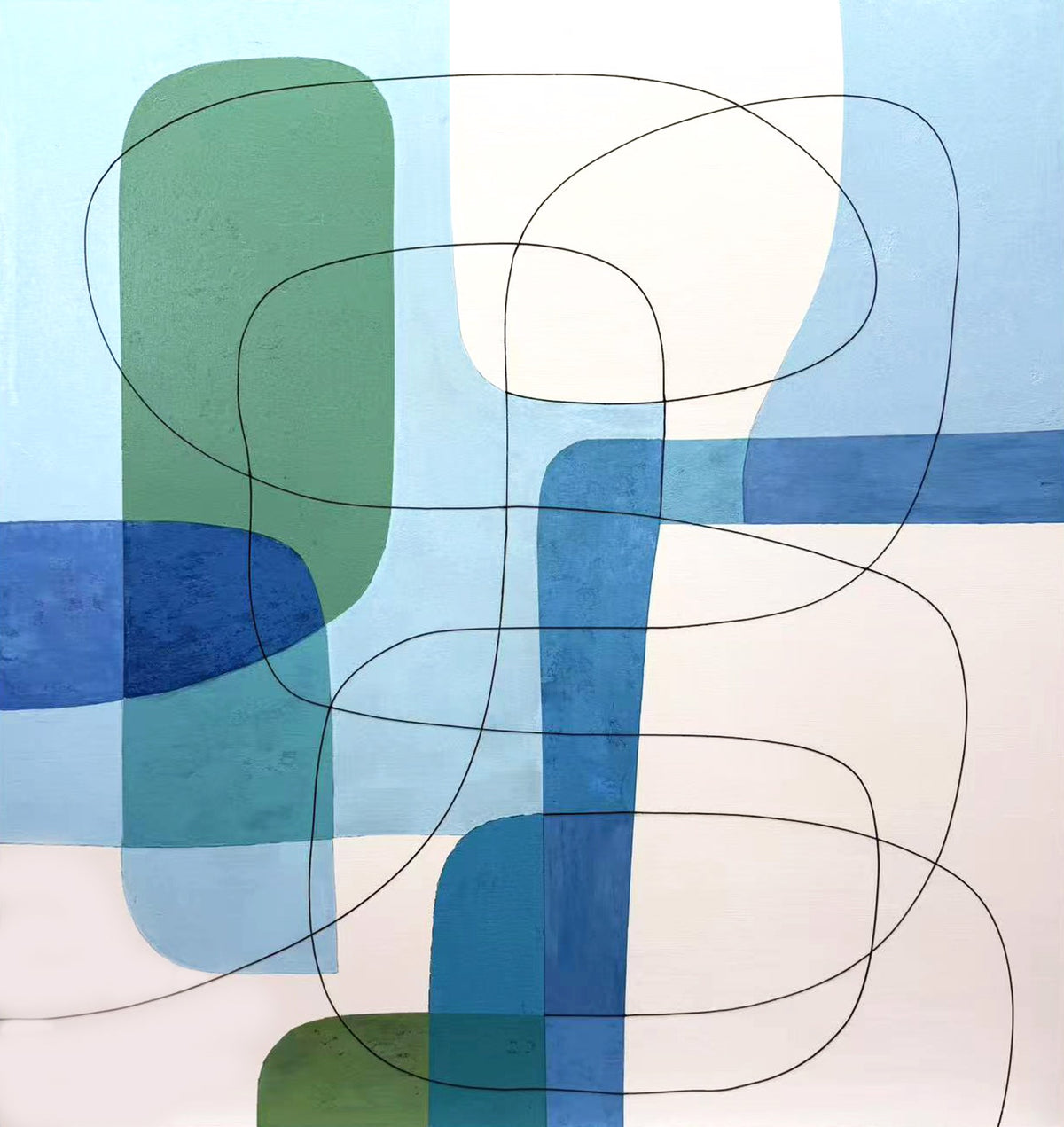 Abstract painting showing overlapping blue, green, and white shapes overlaid with thin looping black lines.