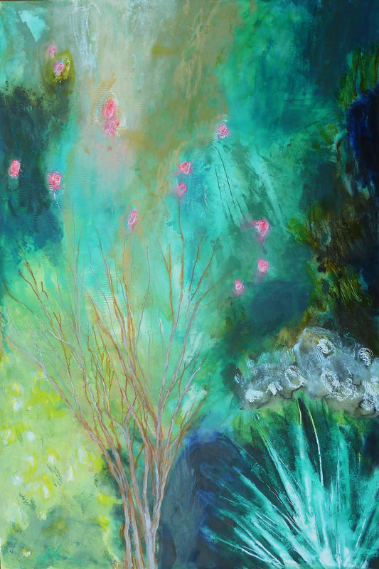 Branches with pink buds on turquoise-green abstract background.