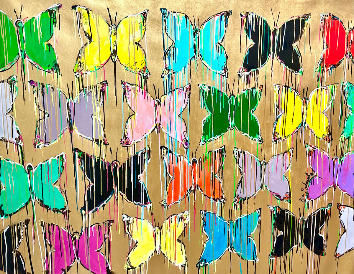A grid of colorful, dripping butterfly silhouettes on a golden background.