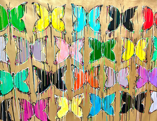 A grid of colorful, dripping butterfly silhouettes on a golden background.