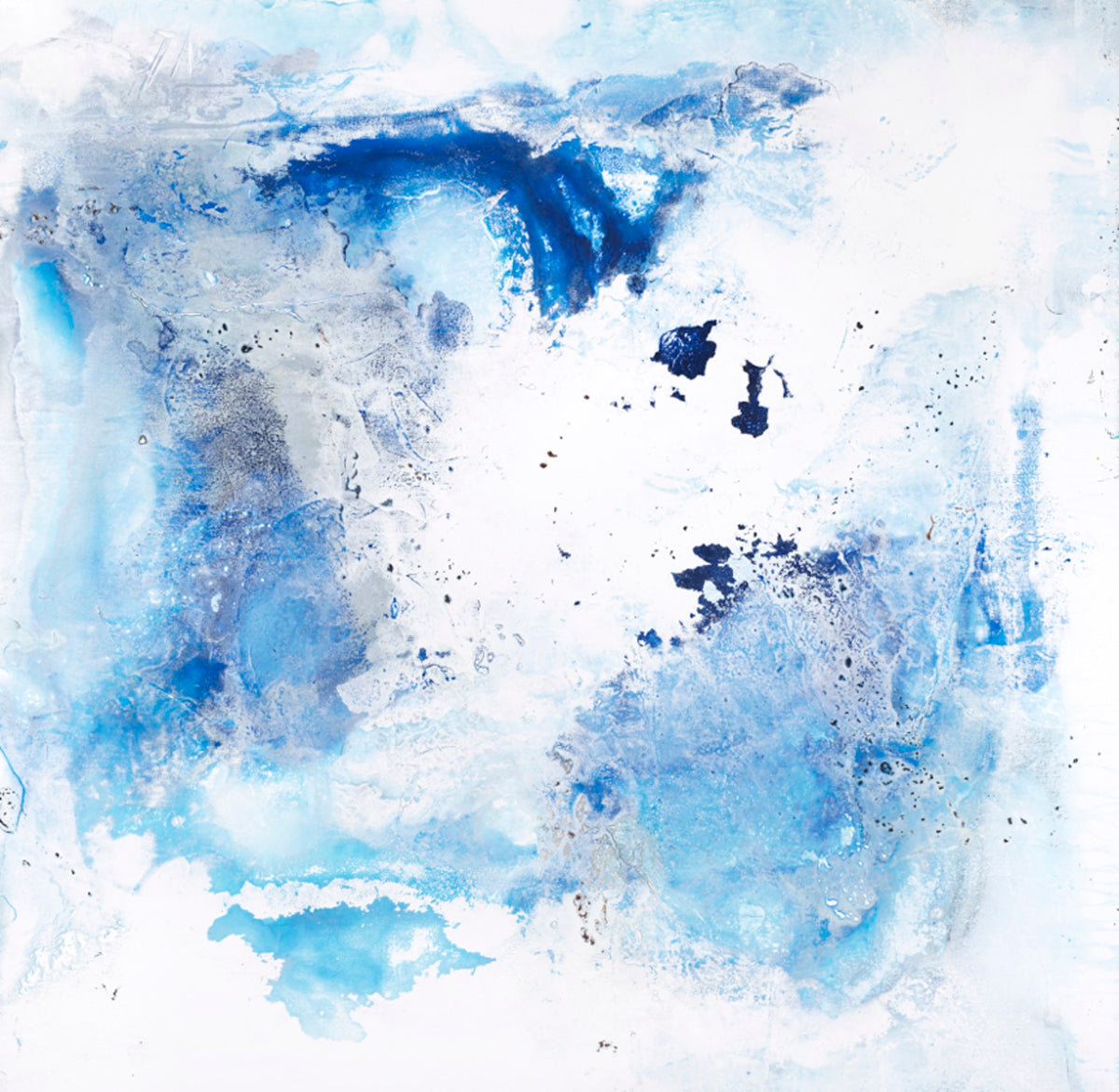 Blue and white paint blend abstractly, forming a fluid, textured, icy look.