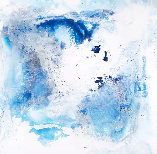 Blue and white paint blend abstractly, forming a fluid, textured, icy look.