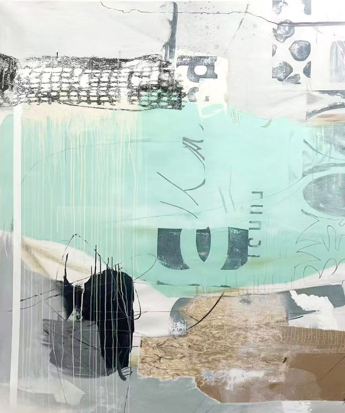 Abstract mixed media artwork featuring mint green, white, black, and beige textures, drips, and letters.