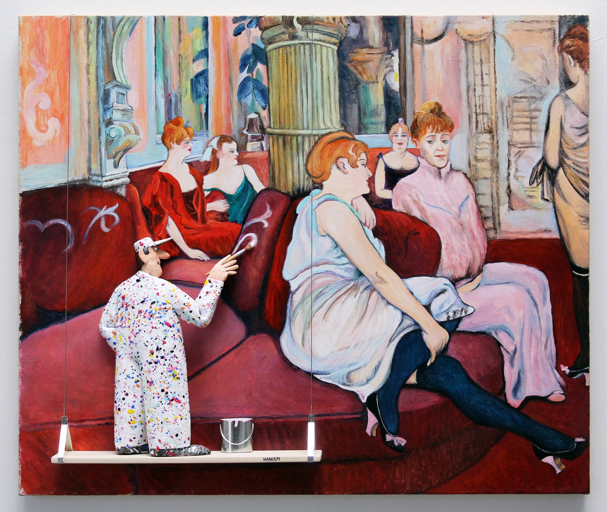 A 3D artwork depicting a painter in a colorful jumpsuit creating a scene inspired by Toulouse-Lautrec's style, featuring elegantly dressed figures in a richly colored, vintage interior.