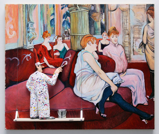 A 3D artwork depicting a painter in a colorful jumpsuit creating a scene inspired by Toulouse-Lautrec's style, featuring elegantly dressed figures in a richly colored, vintage interior.