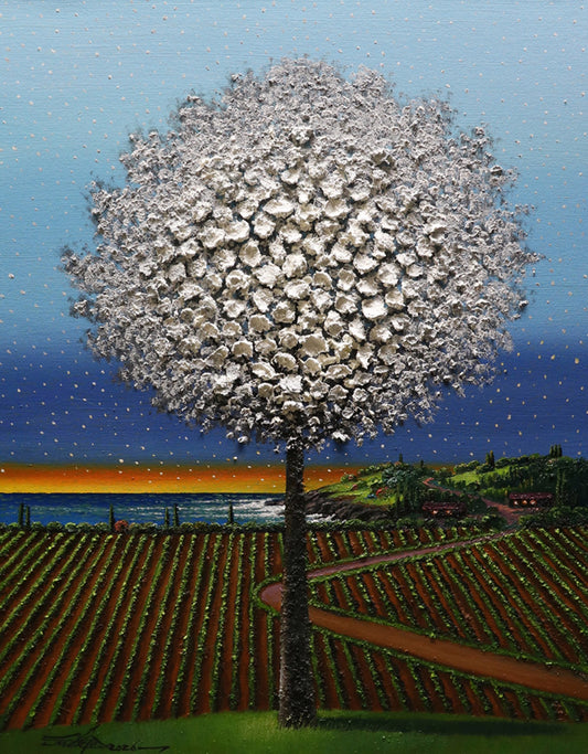 Painting of a tree with a round white canopy in a vineyard at sunset under a starry sky.