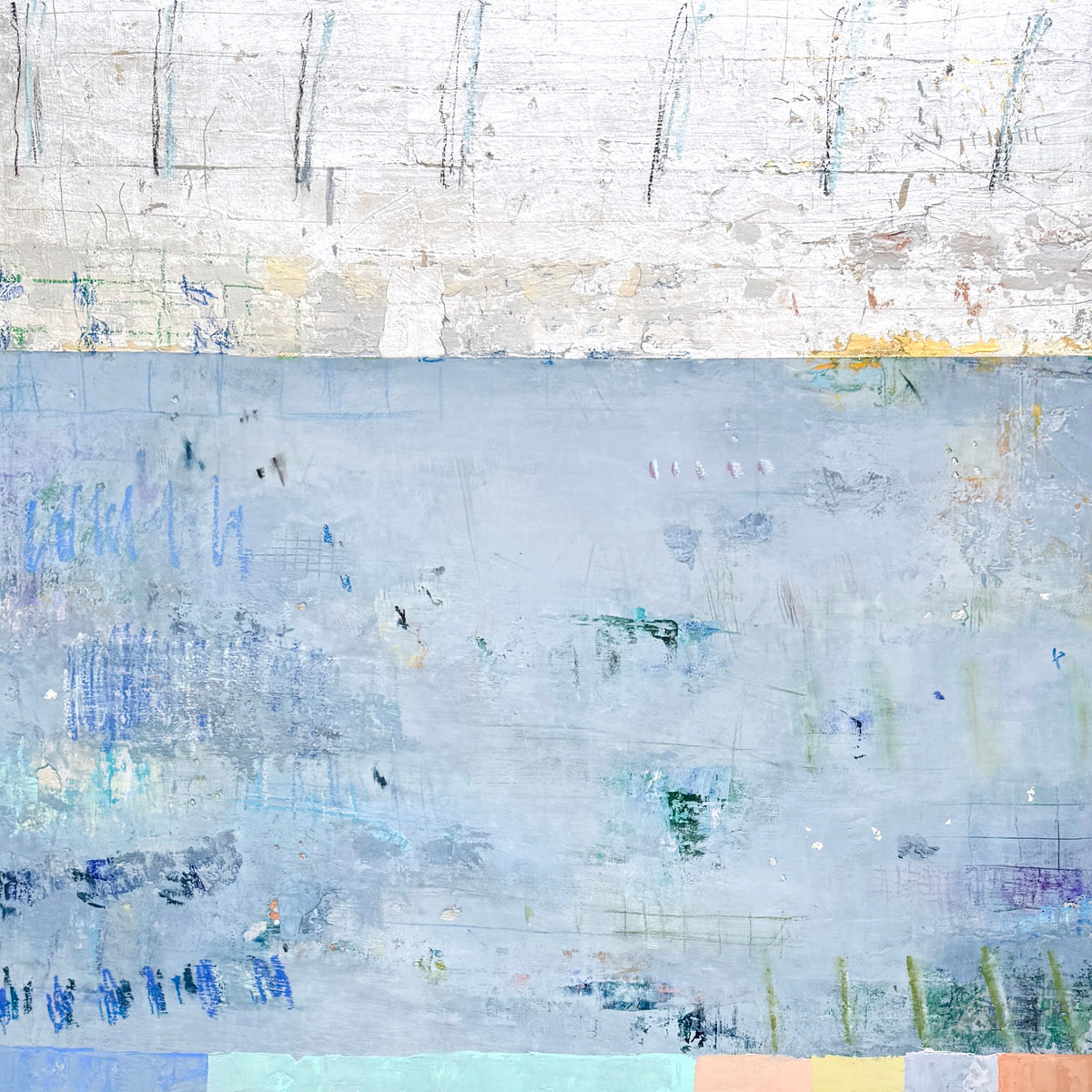 Abstract painting with a textured white top, muted blue center, and pastel blocks along the bottom.