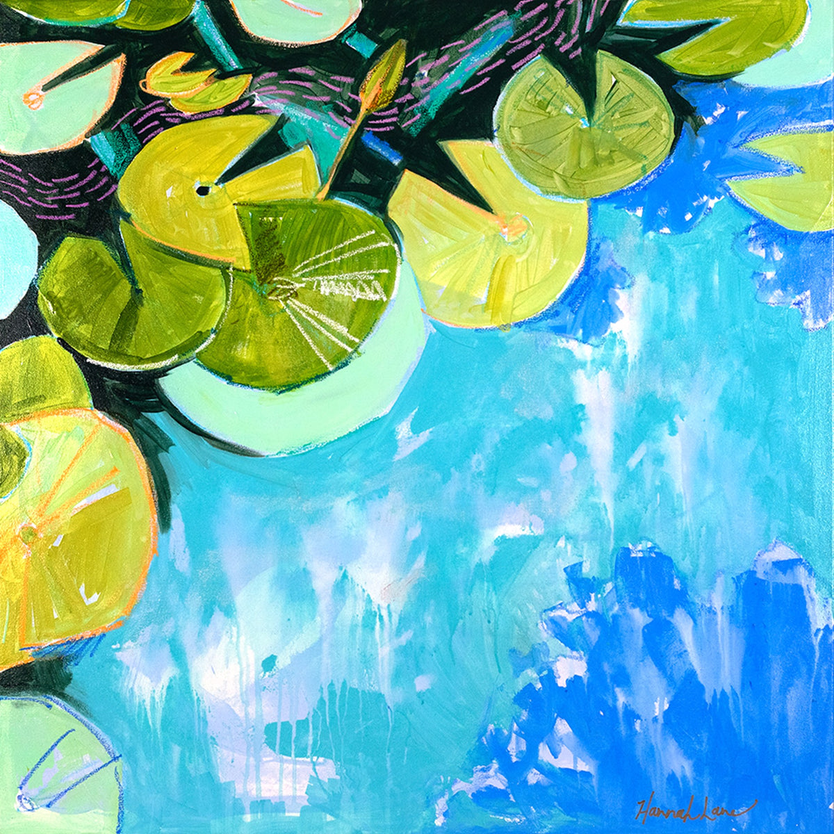 Painting of green lily pads on a blue water background.
