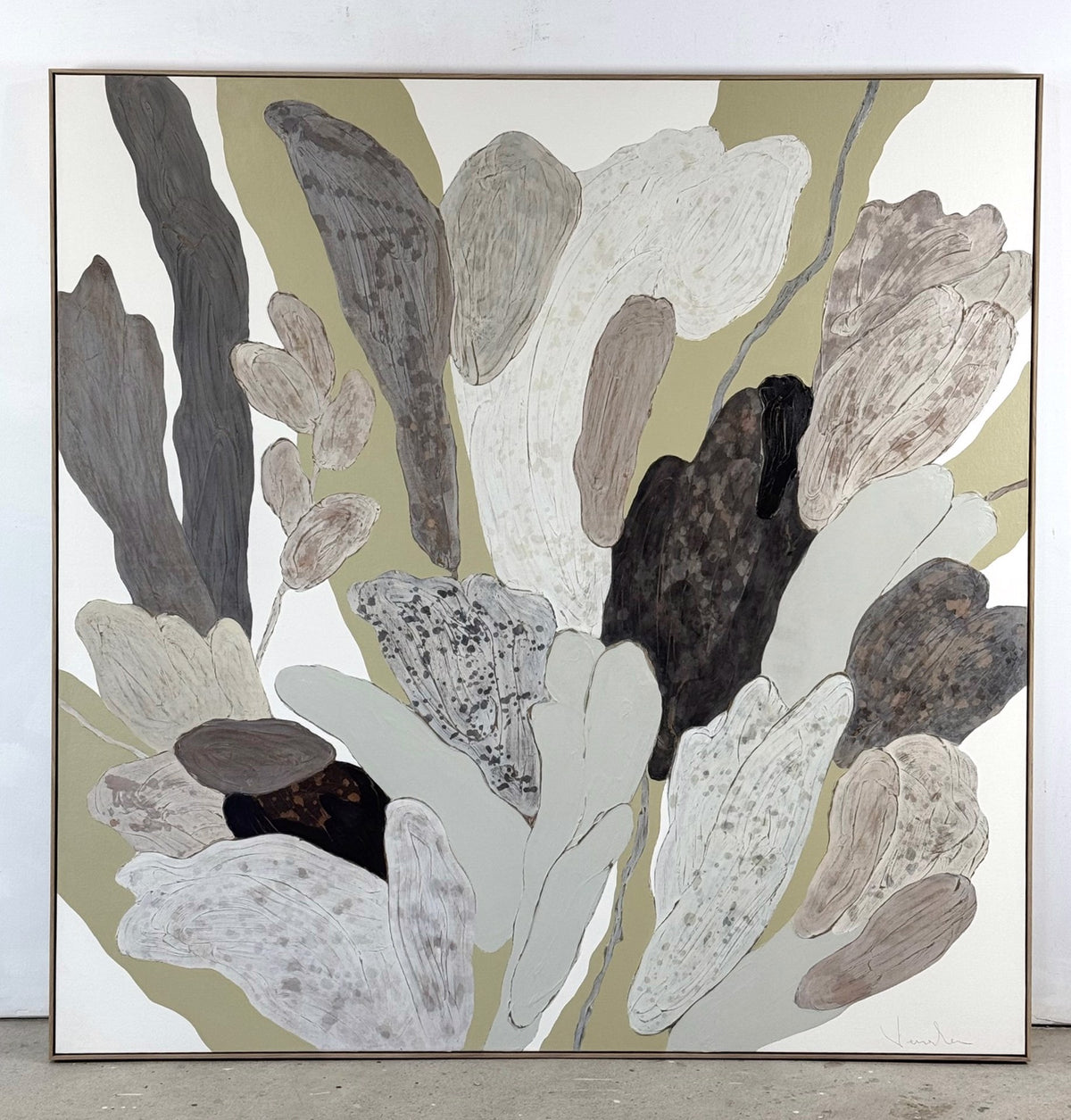 Abstract painting of overlapping leaf-like shapes in neutral brown, beige, and gray tones.