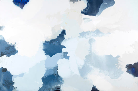An abstract painting showing fluid, organic shapes in shades of deep blue and bright white.