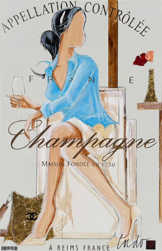 Illustration of a woman sitting on a chair holding a wine glass, overlaid with text referencing Champagne, France, and designer brands.