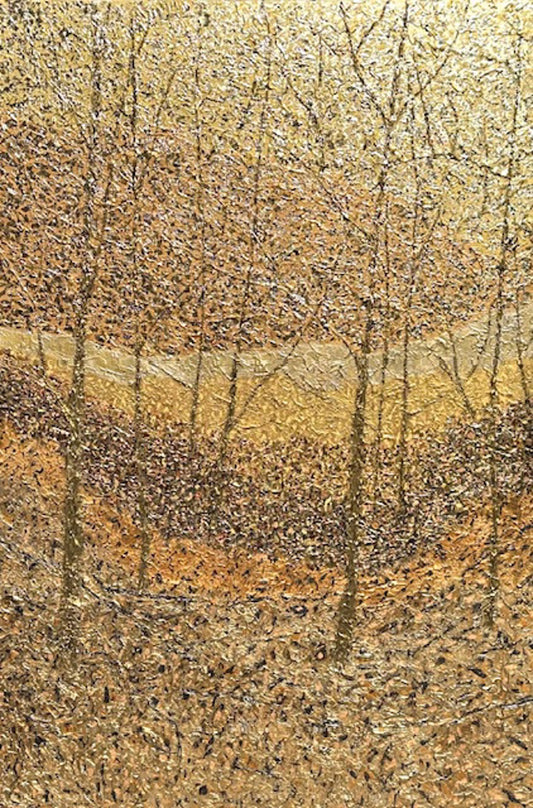 A painting by Barrett Edwards capturing the last glow of evening in a brown field, showcasing beautiful trees.