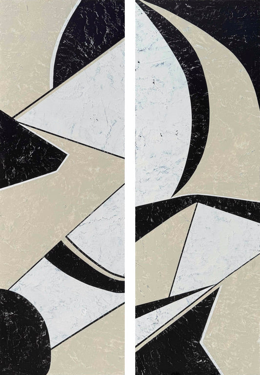 Abstract painting with two vertical panels featuring intersecting black, beige, and white geometric shapes on a textured surface.