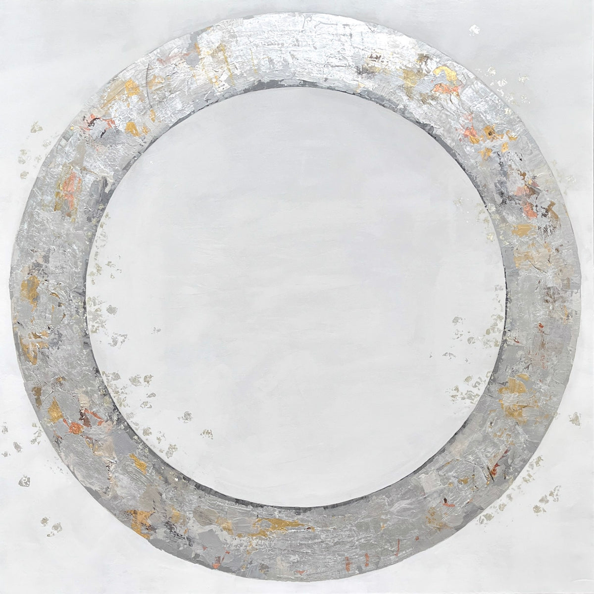 An abstract painting with a large metallic circle on a white background, featuring textured patches of silver, gold, and copper within the circle.