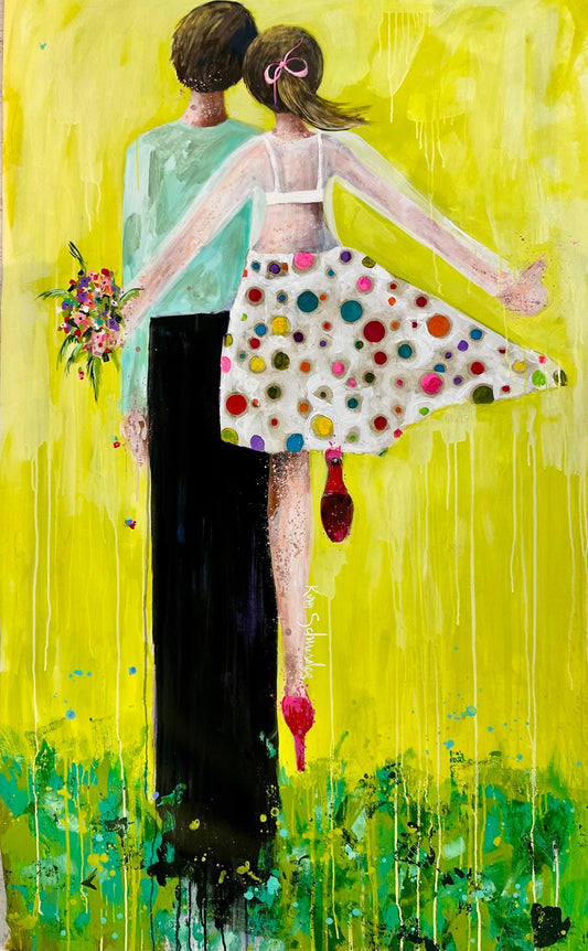 A colorful painting of a man and woman embracing, viewed from behind. The man holds a bouquet, and the woman, wearing a polka-dotted dress, has one leg lifted. The background is bright yellow and green.