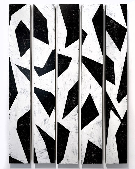 Abstract black-and-white geometric painting across five vertical panels.