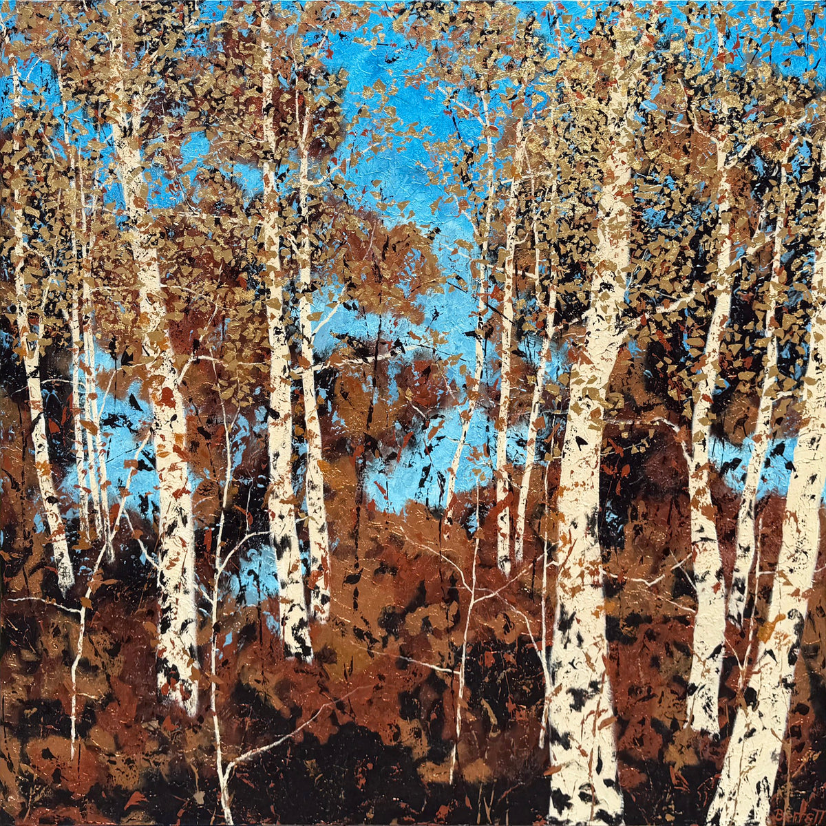 Abstract painting of white birch trees with brown leaves against a bright blue sky.
