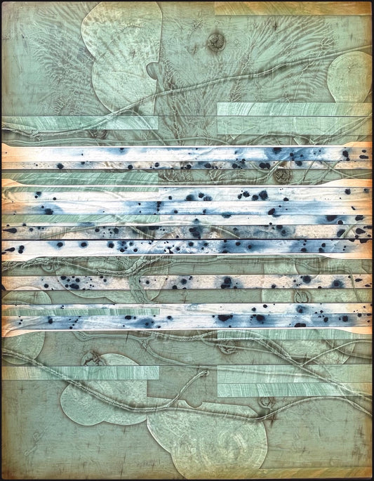 Abstract artwork with blue and beige horizontal strips, black spots, and fine lines.